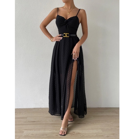 Black V-Neck Backless Maxi Dress Backless, Tie Back, Twist Front Swiss Dot - Picture 3 of 9